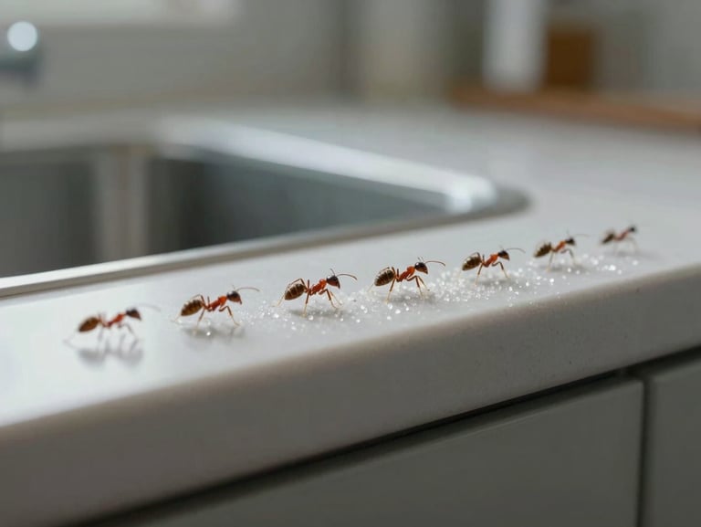 Macro photograph of tiny sugar ants trailing across a clean kitchen counter, bright daylight, clinical focus.