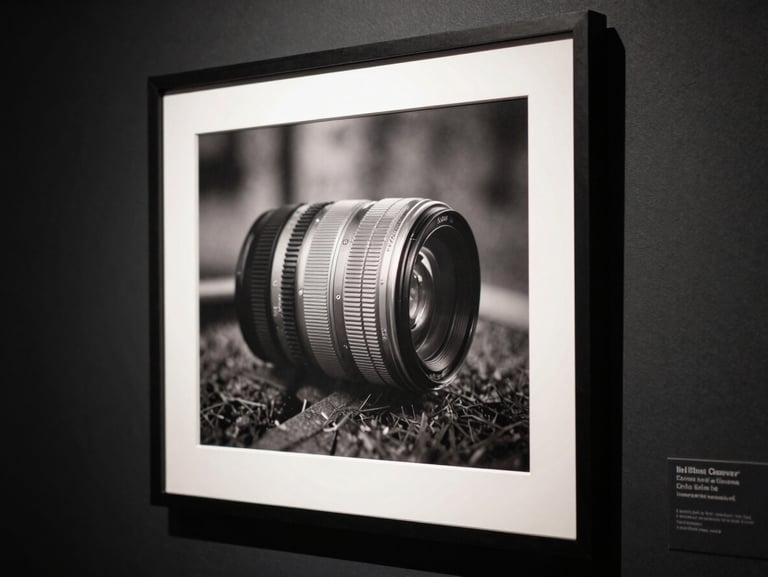 Close-up of a framed black and white photograph hanging on a dark gallery wall.