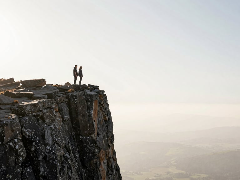 A couple standing on a dramatic cliffside, backlit by harsh light, massive negative space.