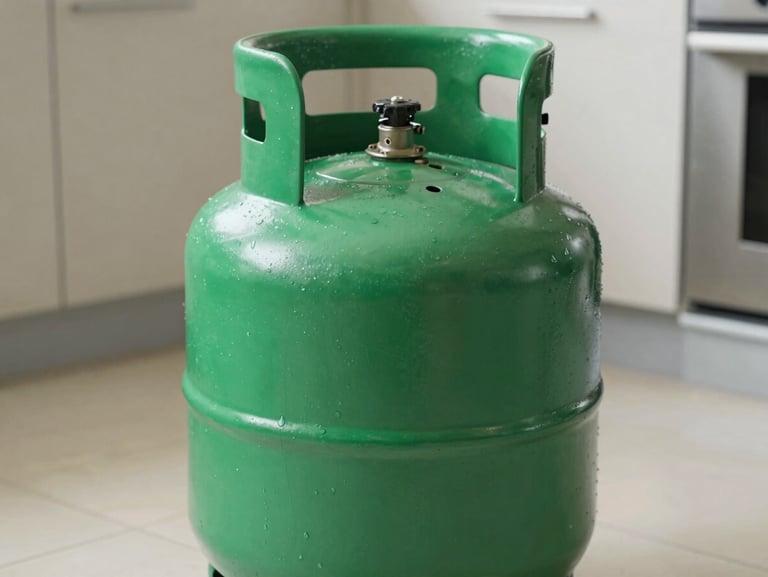 Close-up of a clean, vibrant green cooking gas cylinder standing on a kitchen floor, bright natural light.