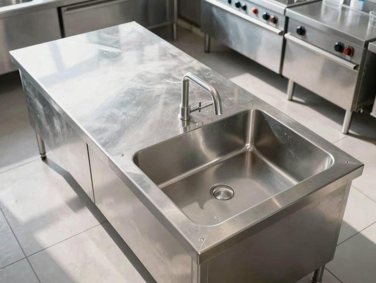 Overhead architectural shot of an immaculate stainless steel commercial kitchen prep line under bright morning daylight, geometric precision, zero clutter.
