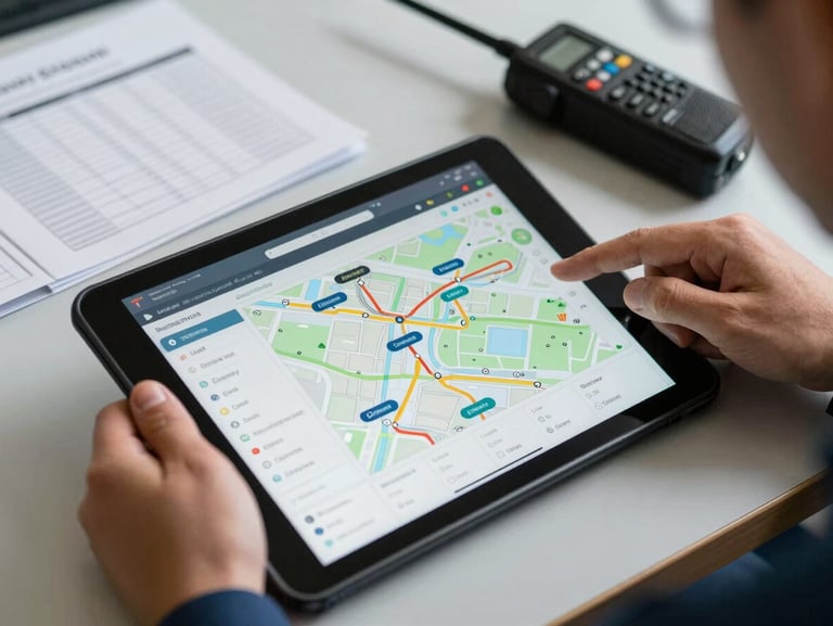 Close-up of a logistics coordinator's hands reviewing a digital supply chain dashboard on a tablet at a warehouse operations desk, route maps and shipment status indicators visible on screen, organized paperwork and a radio in the background