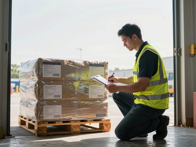 Ground-level photograph of a logistics worker in high-visibility vest inspecting a cargo manifest beside a loaded pallet on a warehouse dock, natural daylight from an open bay door illuminating the scene, freight labels and barcodes visible on packages