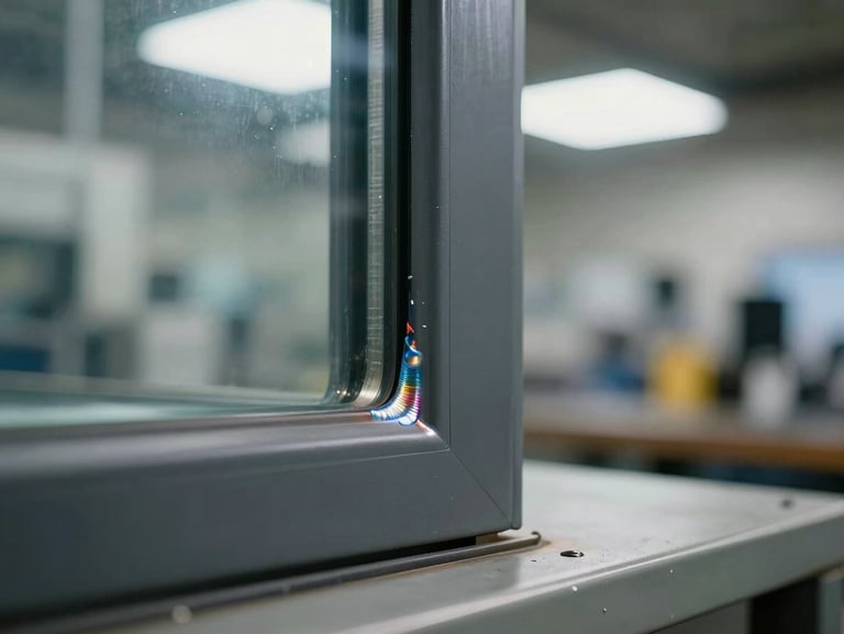 Extreme close-up of a vinyl window corner joint on a manufacturing bench, precise weld line visible, bright overhead factory lighting, no hands in frame
