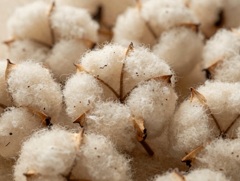 Macro close-up of unbleached raw cotton fibers, showing warm oatmeal tones and organic seed flecks under soft morning light