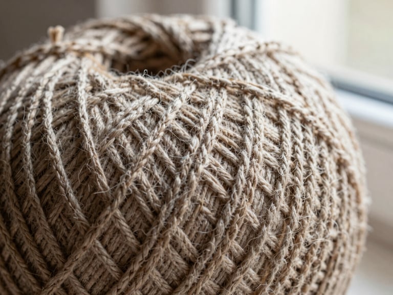 Macro close-up of heavy-weight Belgian linen yarn, showing rich slub texture and natural flax fibers in soft window light