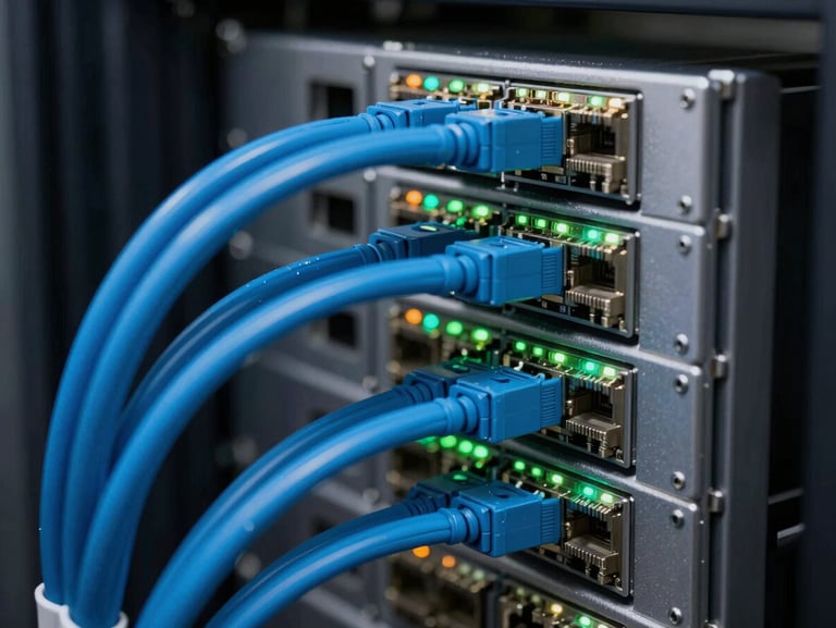 Macro shot of organized enterprise server racks with sharp cyan network cables and glowing status indicators, technical precision