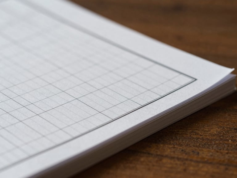 Macro shot of physical financial ledger books on a dark wooden table, soft natural side lighting, shallow depth of field, focus on crisp grid lines.