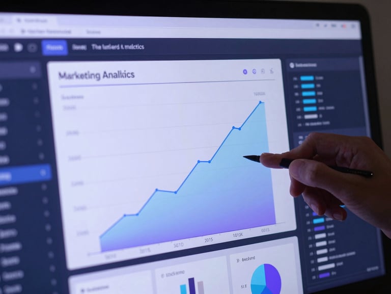 A sleek digital marketing analytics dashboard showing positive growth charts, conversion rates, and revenue metrics in shades of purple and light blue.