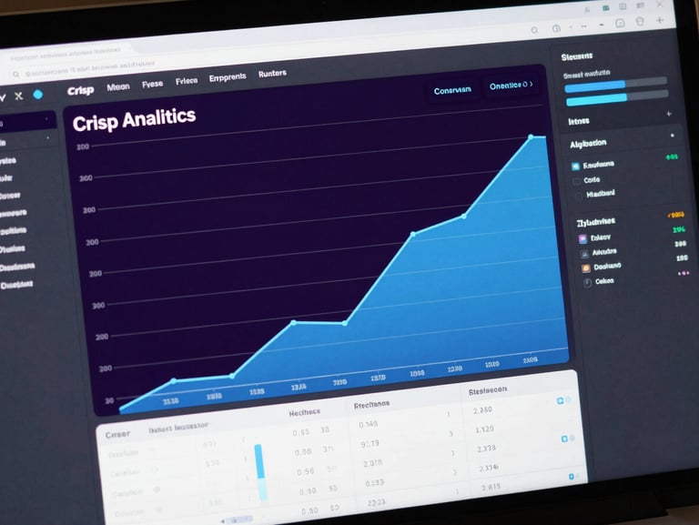 Crisp software analytics dashboard showing upward trending growth curves, conversion metrics, and clean data grids with deep violet and neon blue highlights on a dark background.