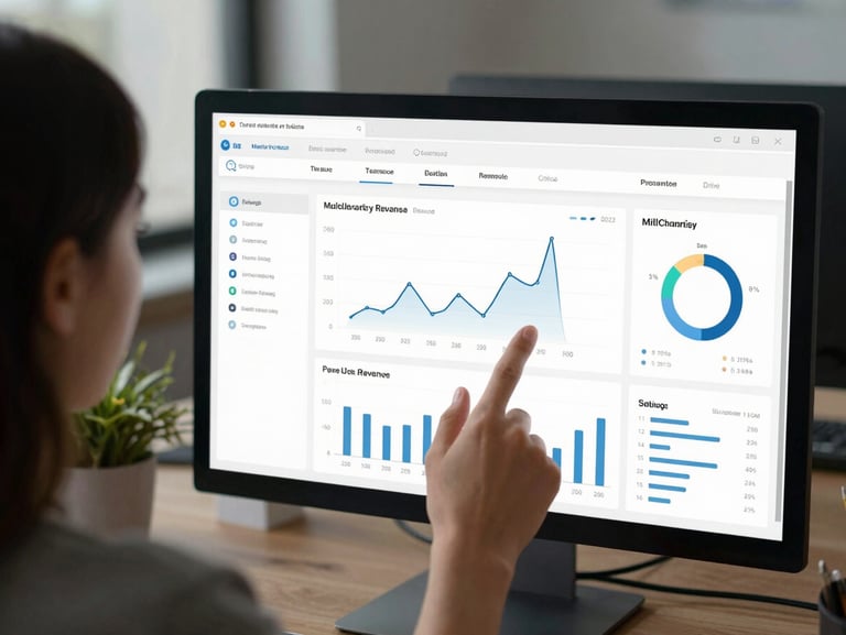 Over-the-shoulder shot of a digital marketing analyst examining a multi-channel revenue dashboard on a large monitor, cool studio lighting, modern office setting.