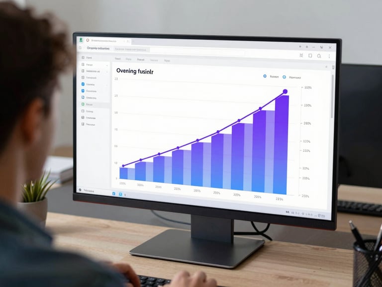 Over-the-shoulder view of a clean analytics dashboard with rising purple and blue growth charts on a high-resolution screen, bright cool-toned studio lighting, modern workspace.