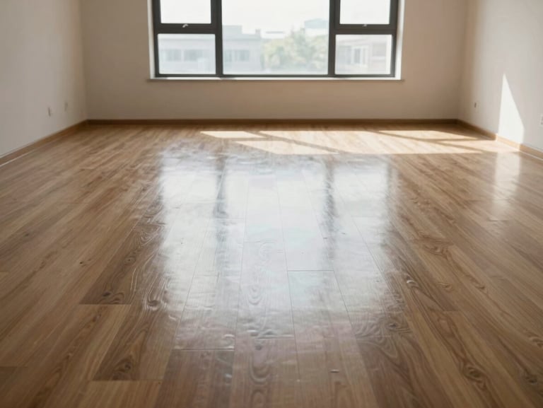 Straight-on architectural shot of a freshly laid, perfectly flush vinyl floor in an empty, dust-free room with bright daylight streaming through a large window, emphasizing clean edges and sharp lines.