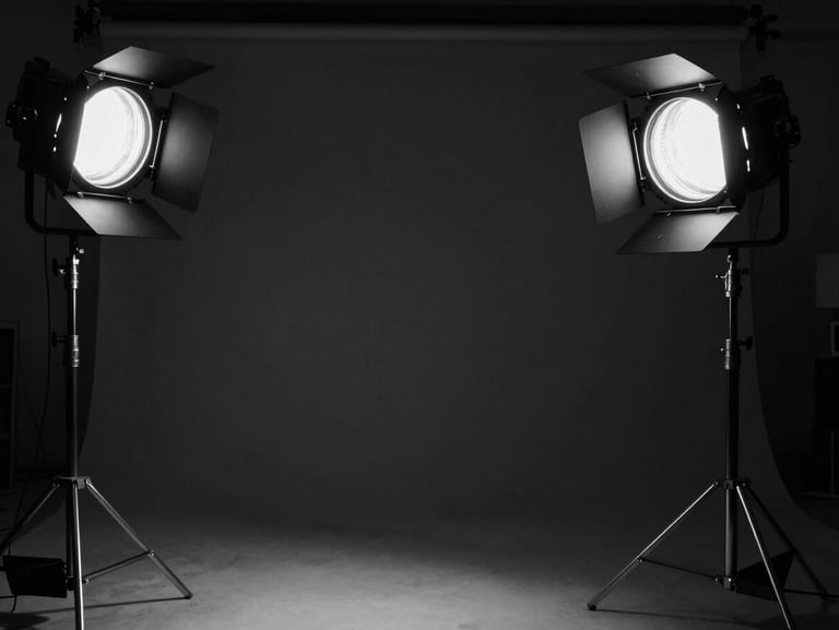 Cinematic behind-the-scenes video production set, dramatic studio key lights, deep shadows, black and white