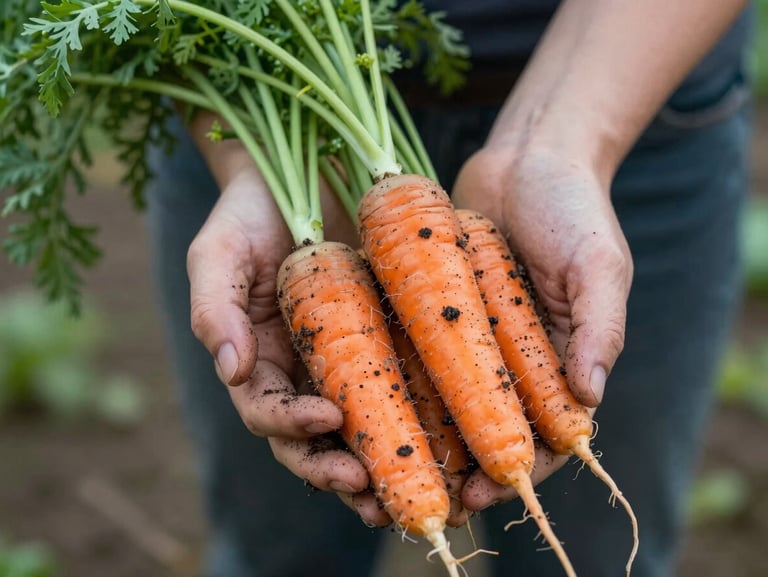 Tactile close-up of hands holding freshly harvested organic carrots covered in light soil, soft natural light, outdoor farm setting.