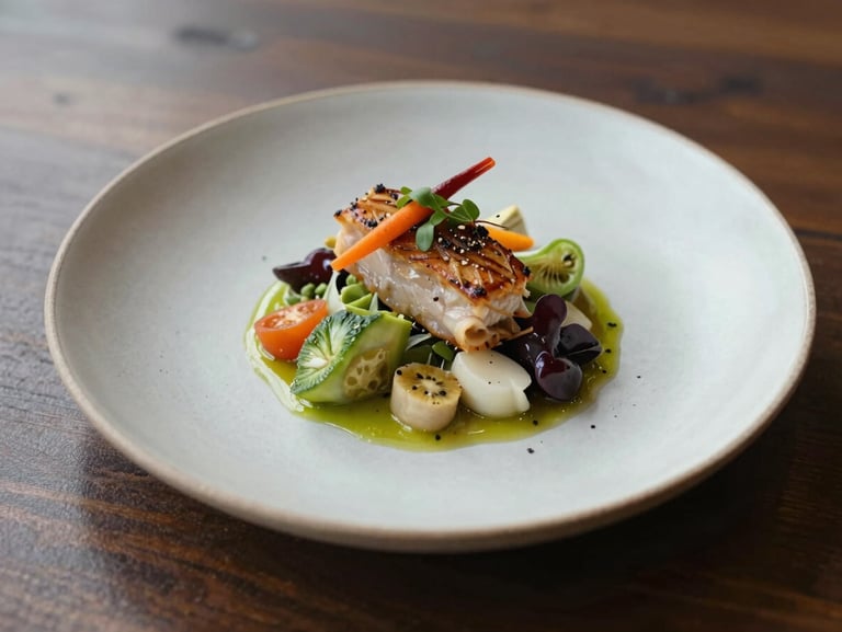 Close-up of a beautifully plated seasonal dish on a matte ceramic plate, soft diffused natural daylight, dark wood table background.