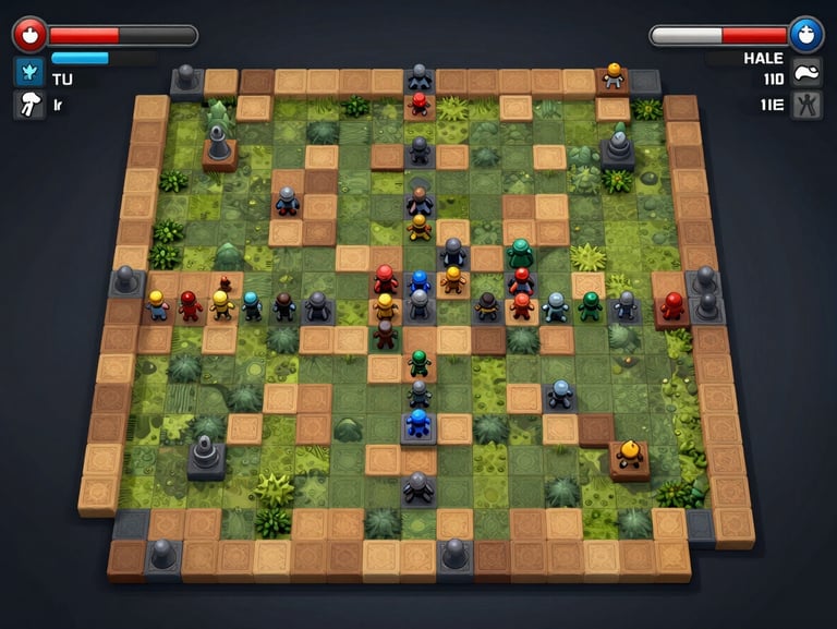 Top-down gameplay screenshot of a 2D strategy game showing a tile-based map with visible terrain grid, UI health bars, and unit icons on a dark background, clean studio capture