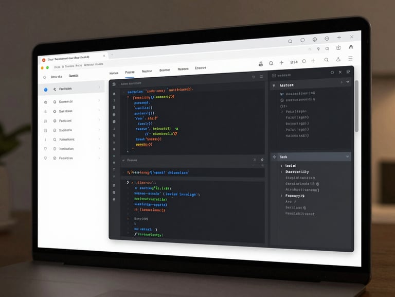 Full-screen browser window showing a clean web application interface with structured navigation, code-editor-style panels visible in the background, studio daylight, no people