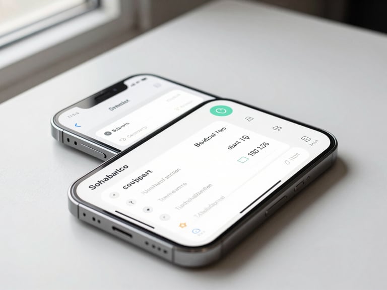 Close-up overhead view of a mobile app interface on a clean white desk, the screen showing a structured data dashboard with clear typography and minimal UI elements, natural window light from the left
