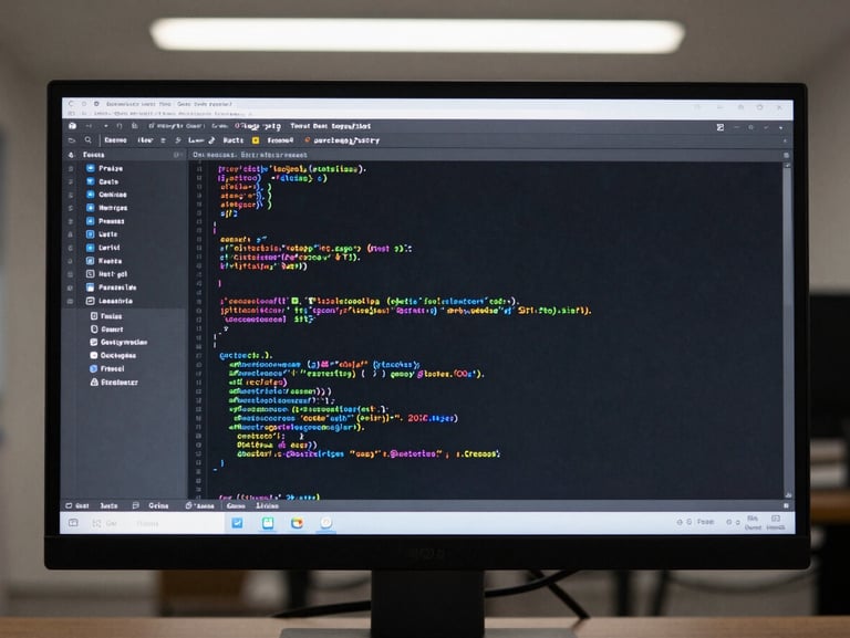 Game code repository open on a monitor screen, syntax-highlighted source files visible, clean overhead studio lighting, no person visible, no device mockup framing