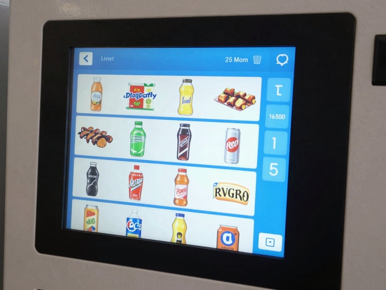 Tight close-up of a vending machine touchscreen interface displaying a product grid and live inventory indicators, bold blue UI elements visible, daylight-balanced studio lighting, no hands