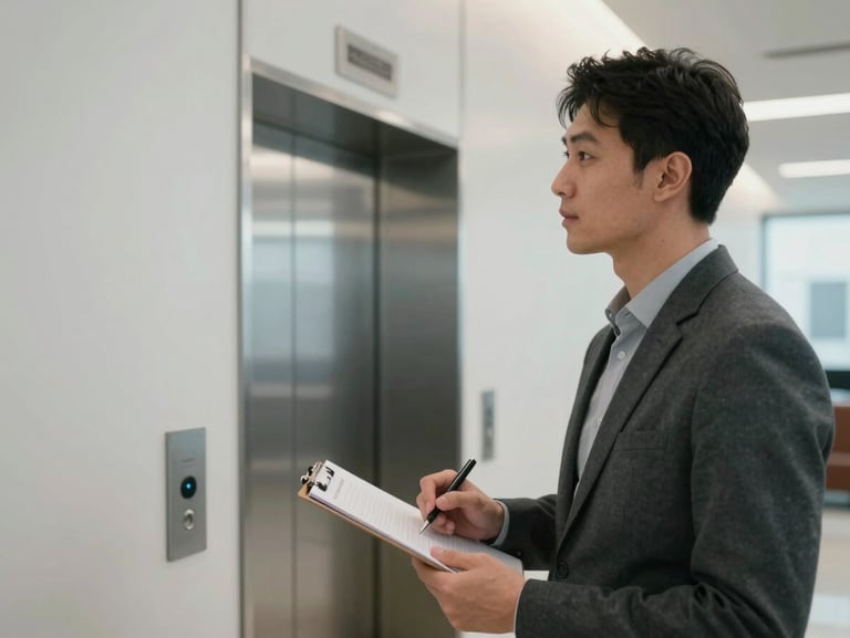 Close-up of a technician with a clipboard standing in a building lobby, reviewing a wall space near an elevator bank, natural ambient lighting, industrial clean environment, no people in background