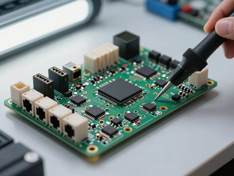 Close-up of network router board with populated Ethernet switch ICs and magnetics, quality-check probe resting beside the board, bright overhead lighting, organized lab environment