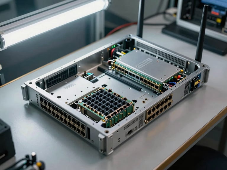 Overhead view of a partially assembled rack-mount router chassis on a clean assembly station, discrete port modules visible, bright overhead fluorescent lighting, documented workstation