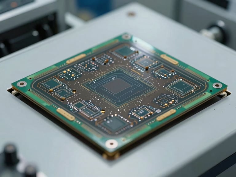 Overhead close-up of a populated IC substrate on an assembly station, solder paste visible on component pads, bright north-facing overhead lighting, clean workstation surface
