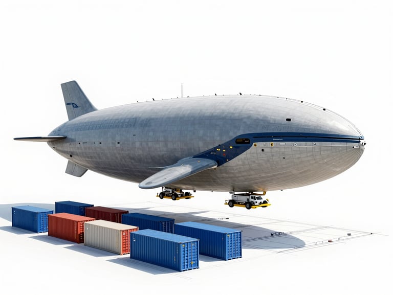 Technical blueprint rendering of the FLYING WHALES airship loading bay, showing the scale comparison with standard cargo container units, clean white background