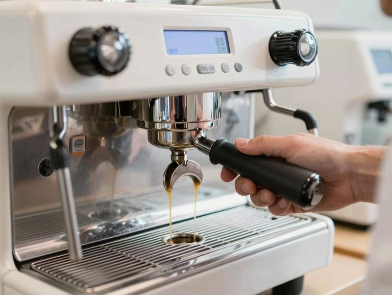 Trainee operating a commercial espresso machine under bright white lighting, focusing on the extraction flow