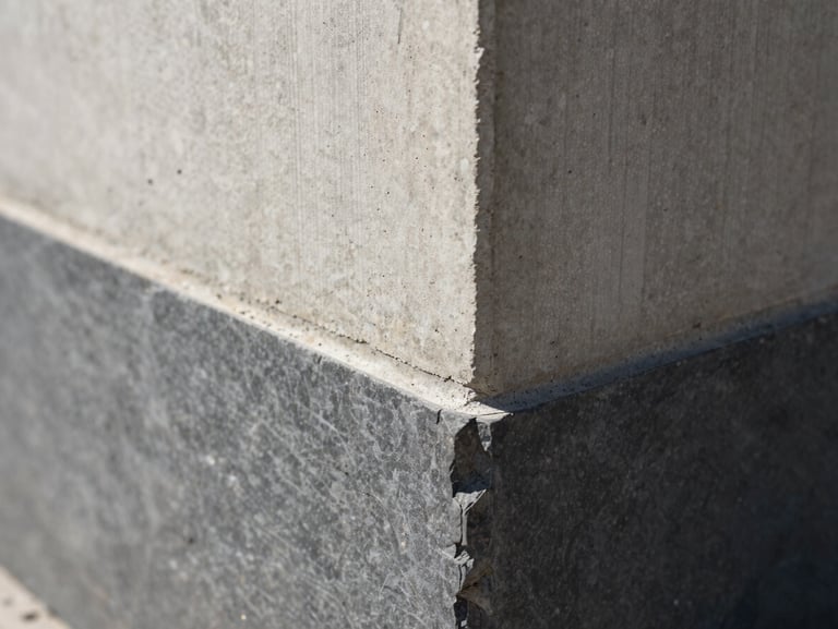 Close-up of a clean concrete repair joint, showing the contrast of restored surface texture, sharp architectural detail