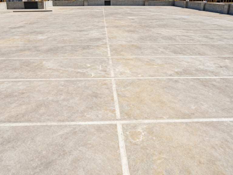 Wide shot of a massive commercial concrete parking lot under construction, clean expansion joints, bright daylight