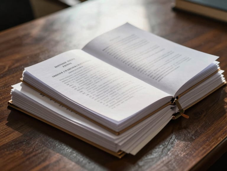 Close-up of bound Indian law reports and legal documents on a dark wooden desk, natural window light casting soft shadows, authoritative and academic atmosphere.