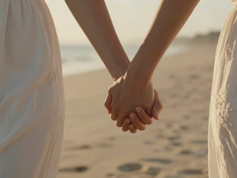 Close-up of a couple's hands intertwined while walking on a sandy beach during golden hour, soft focus, warm light.