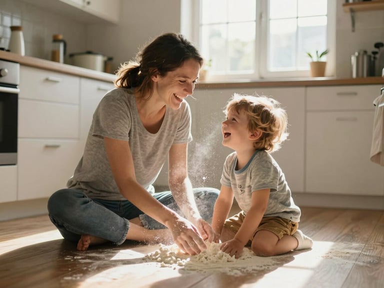 A mother and child laughing on a sunlit kitchen floor, flour dust in the air, warm side lighting from a window, candid moment.