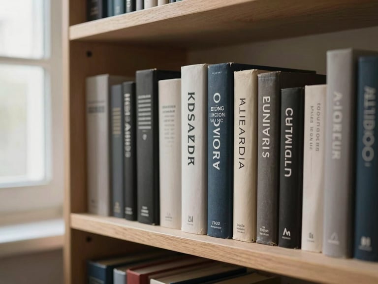 A quiet studio shelf with beautifully bound brand design books, soft morning light filtering through a window.