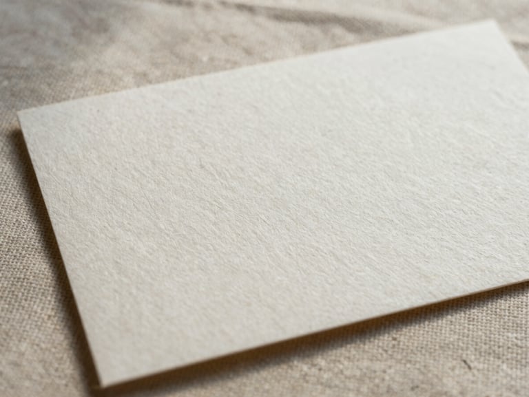 Close-up of an embossed card resting on a raw linen background, soft natural daylight, showing rich paper grain.