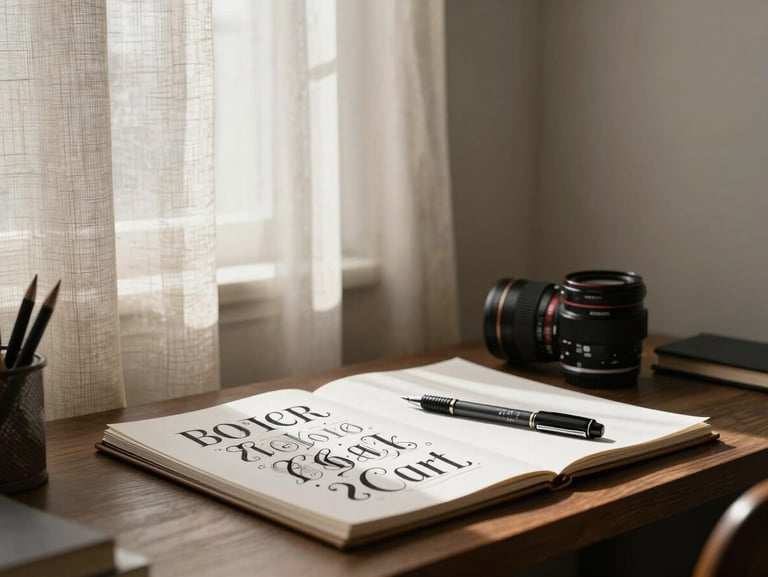 A quiet studio corner with soft daylight filtering through linen curtains, focusing on a desk with a sketchpad, fine-line pens, and typography proofs.