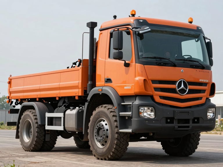 An orange Mercedes Arocs construction truck, heavy tires, realistic outdoor setting.
