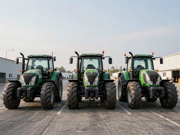Vista de frente de tres cabezas tractoras de marcas reconocidas estacionadas en una campa industrial de asfalto gris, iluminación de día despejado, encuadre amplio profesional.