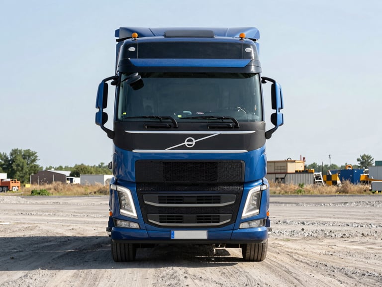 Front view of a blue Volvo FH truck in a gravel yard, real unedited photo, harsh daylight.