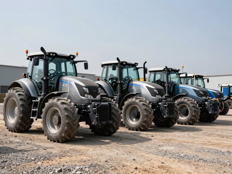Wide-angle outdoor shot of heavy-duty tractor heads lined up in a dusty gravel yard under harsh noon sunlight, metallic chassis reflecting light, industrial background.
