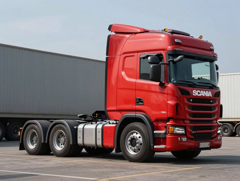 Side view of a red Scania R cab over engine truck, parked in a commercial vehicle lot, high-contrast daylight.