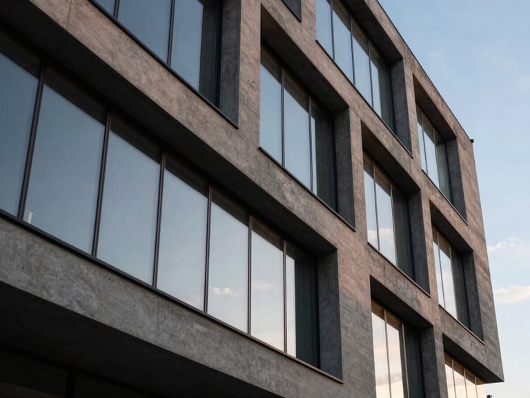 Sharp architectural lines of a modern concrete and glass building at dusk, strong geometric shapes, high contrast shadows