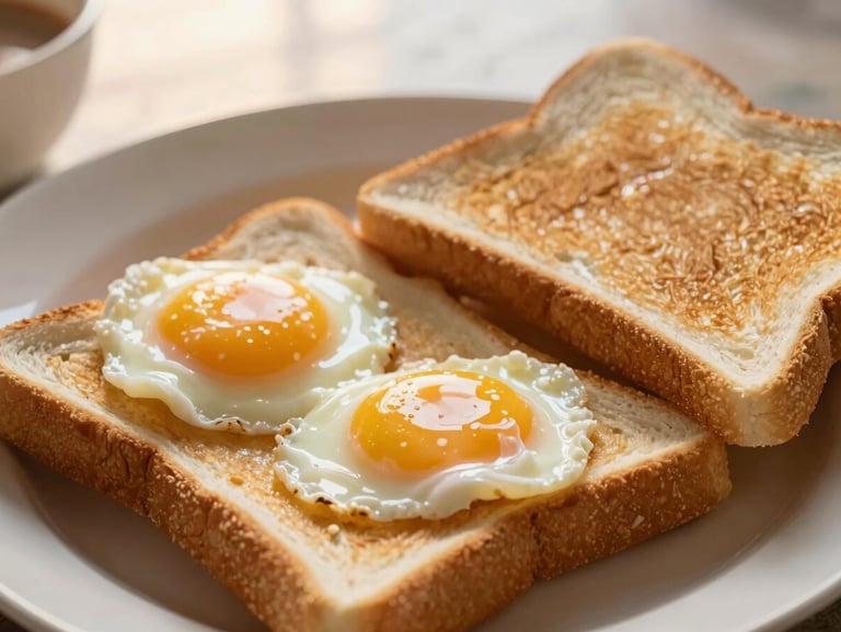 Medium close-up of a freshly plated local Malaysian breakfast with soft-boiled eggs and toast, warm golden hour light, rich textures, 35mm