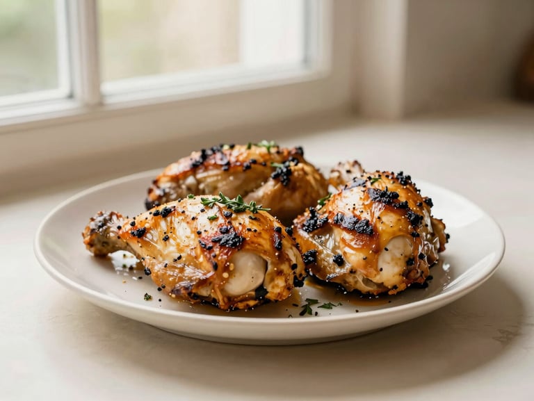 A satisfying plate of grilled chicken with local herbs, freshly prepared, soft natural window light, appetizing food photography, 35mm