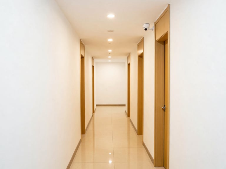 Bright clean hotel room corridor with security cameras, polished tile floors, and warm overhead lighting.