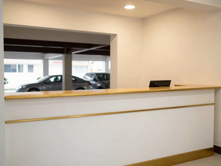 Welcoming reception desk of Seethamba Guest House, warm lighting, secure indoor parking area visible in background
