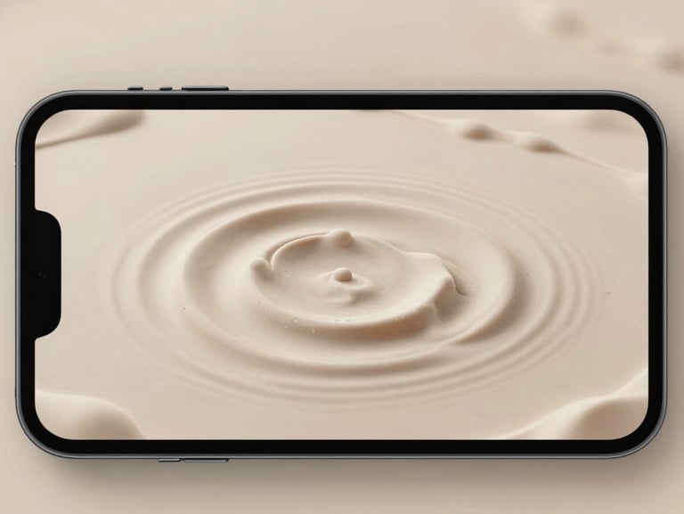 A mobile screen showing a minimalist water puzzle game, gentle ripples spreading across a soft pastel clay background, satisfying tactile fluid physics.